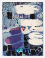 <p>Rachelle Sawatsky, Pearl, 2013<br>Tinte, Farbe und Bleiche auf Jeansstoff, 91,4 × 121,9 cm</p>